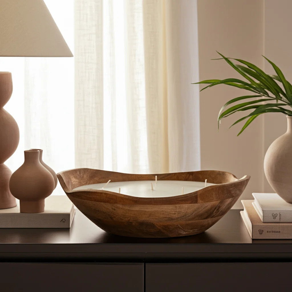 Jeimi Indoor Mango Wood Wax Candle Bowl with Handcarved Organic Shape and Multi-Wick Design for D... | Wayfair North America