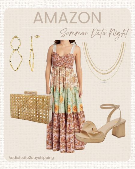 I love date night and this look for less free people dress from amazon is the perfect dress for your next date night! I styled it with ruffle straw heels and rattan acrylic clutch, gold statement dangle earrings and a layered gold necklace!
