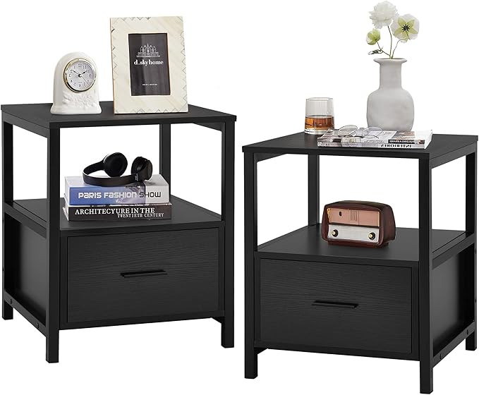 VECELO Nightstand Set of 2, Modern Square End Side Table, Night Stands with Drawer and Storage Sh... | Amazon (US)