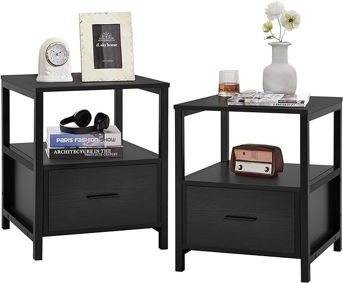 VECELO Nightstand Set of 2, Modern Square End Side Table, Night Stands with Drawer and Storage Sh... | Amazon (US)