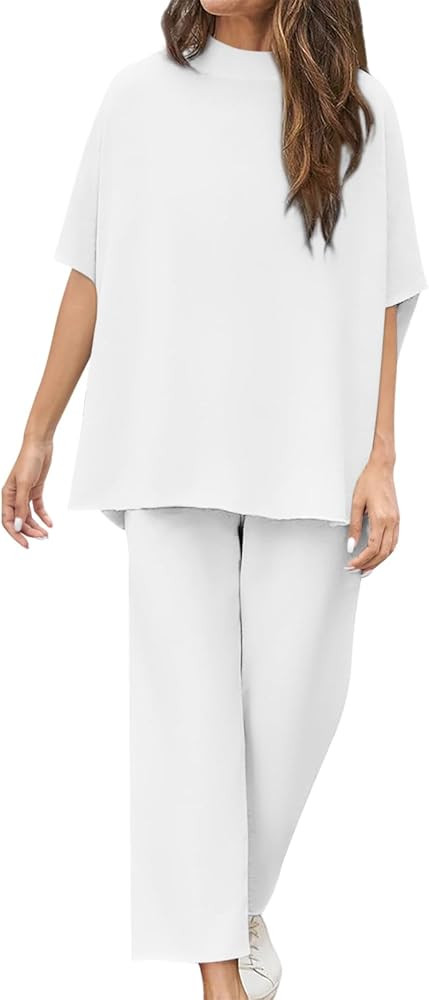 Yousify Women's Two Piece Outfits Crew Neck Pullover Tops 3/4 Batwing Sleeve Capelet Wide Leg Pan... | Amazon (US)