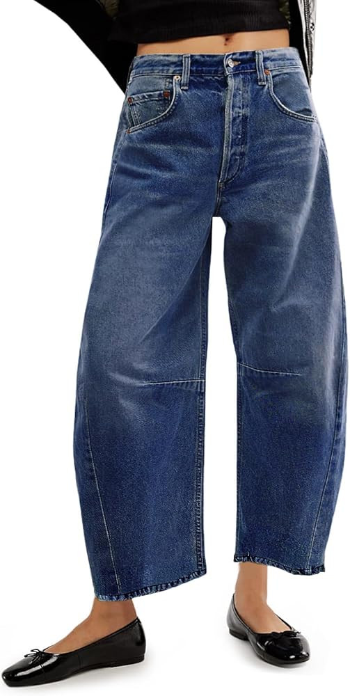 Allimy Womens High Waisted Barrel Horseshoe Baggy Jeans Trendy 2025 with Raw Hem Non Stretch | Amazon (US)