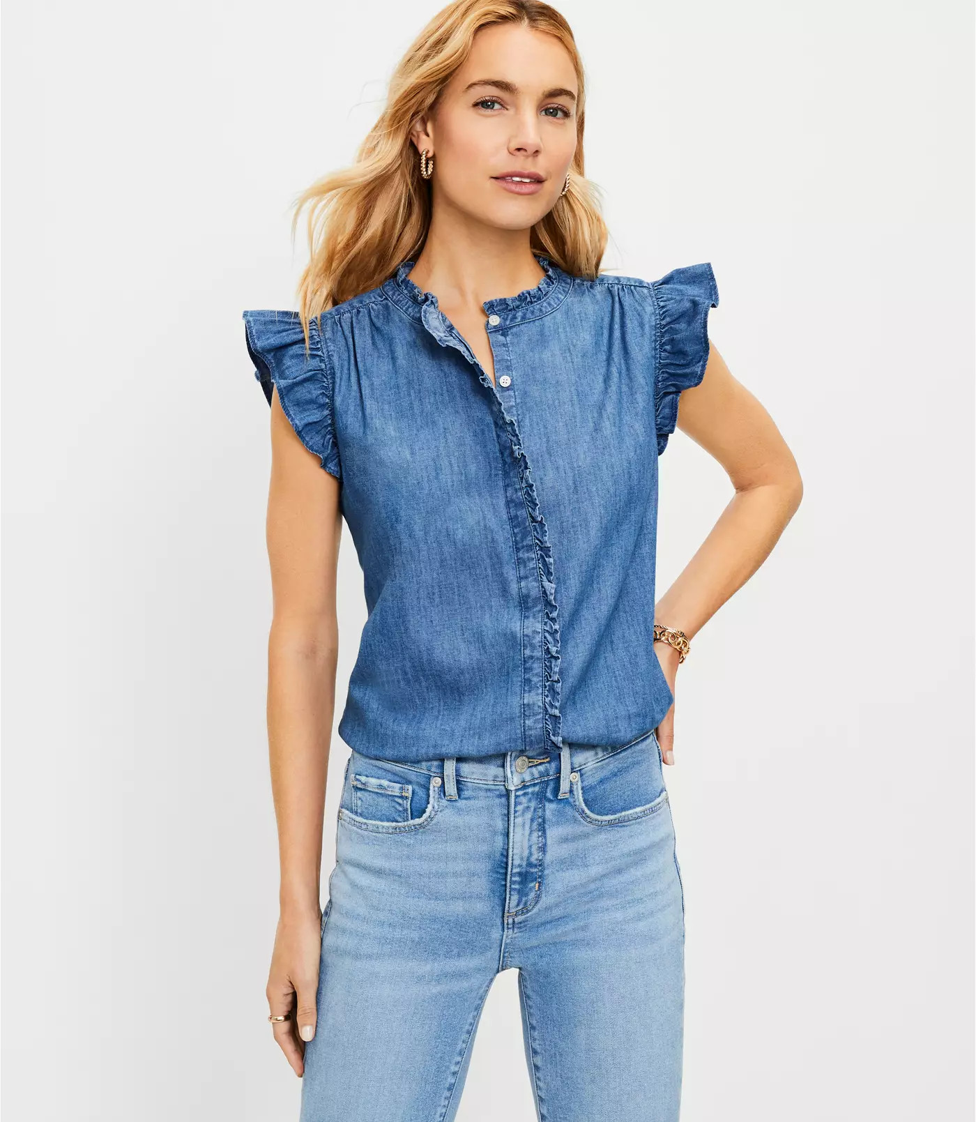 Chambray Ruffle Top | LOFT | LOFT