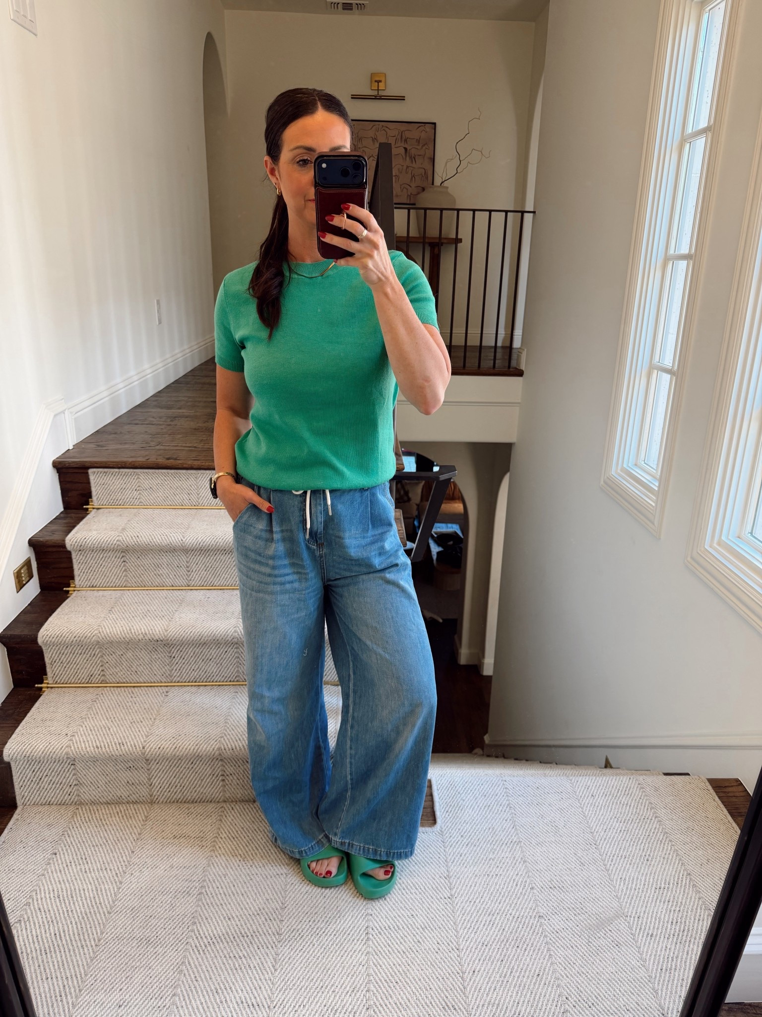 Perfect sweater tee for spring. Living in these wide leg drawstring jeans! 

#LTKSeasonal #LTKootd #LTKOver40