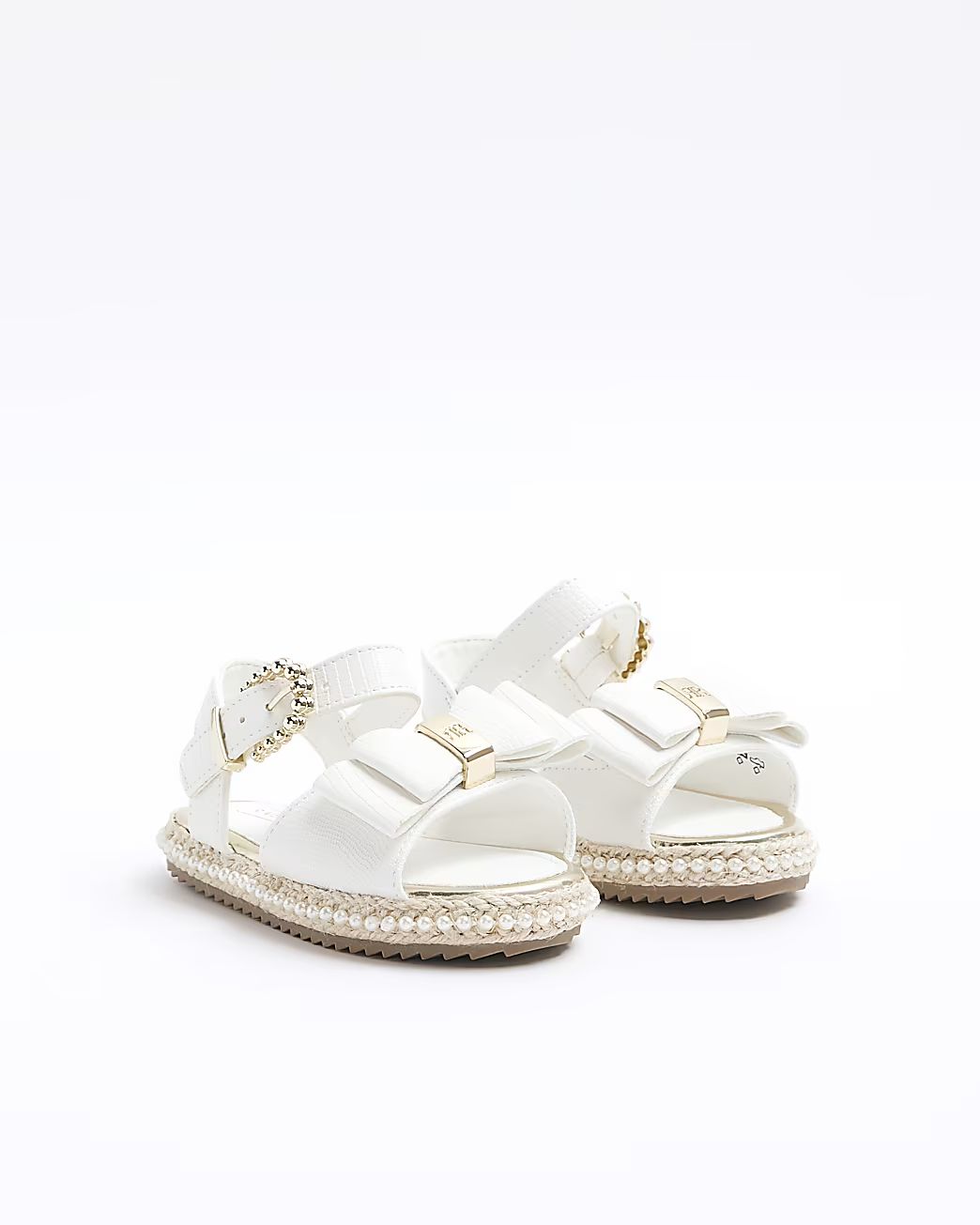 Mini girls white pearl trim bow sandals | River Island (US)