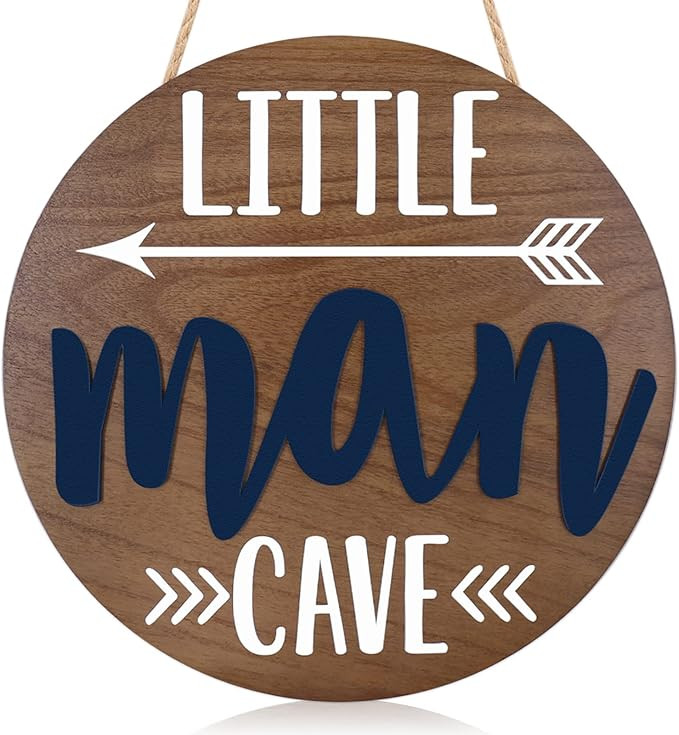 Little Man Cave Wooden Round Door Sign for Little Boy Nursery Room Wall Art Natural Wood Baby Tod... | Amazon (US)