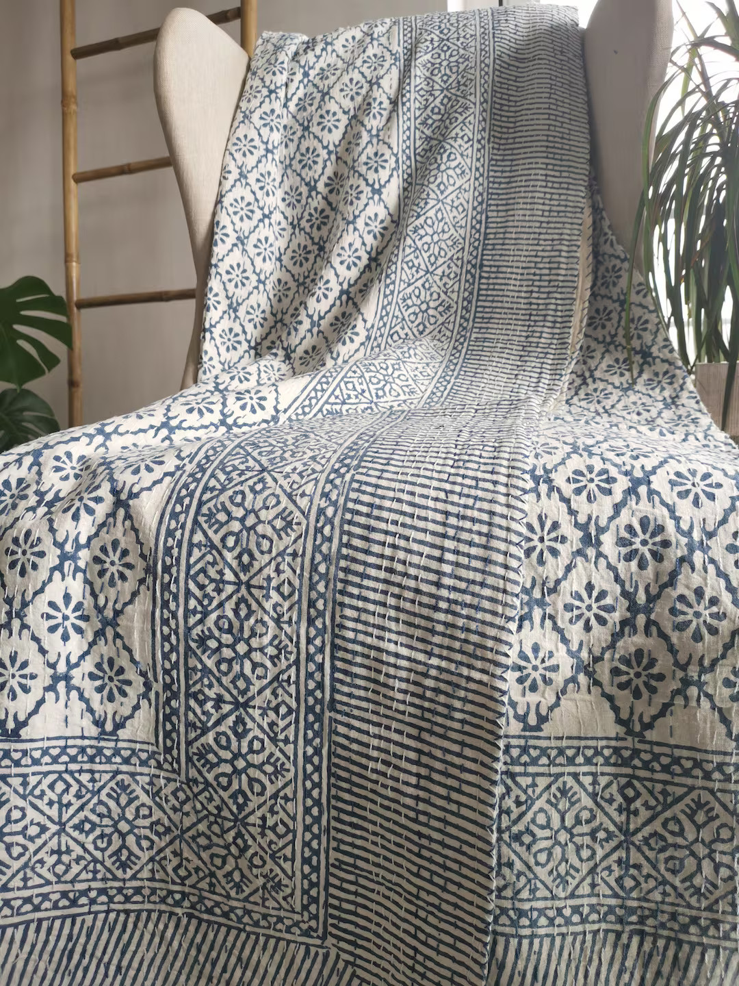 Kantha Stitch Pure Cotton Reversible Bed/sofa Throw King Size | Handmade Handprinted Floral Dohar... | Etsy (US)