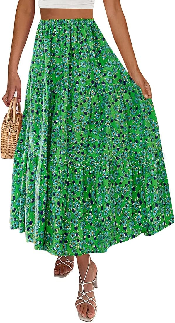 ZESICA Women's 2023 Summer Plaid Elastic High Waist Flowy A Line Maxi Skirt with Pockets | Amazon (US)