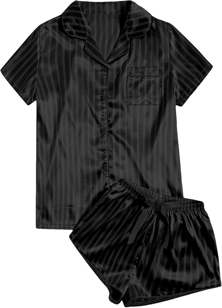 WDIRARA Women's Sleepwear Satin Short Sleeve Shirt and Shorts Pajama Set | Amazon (US)