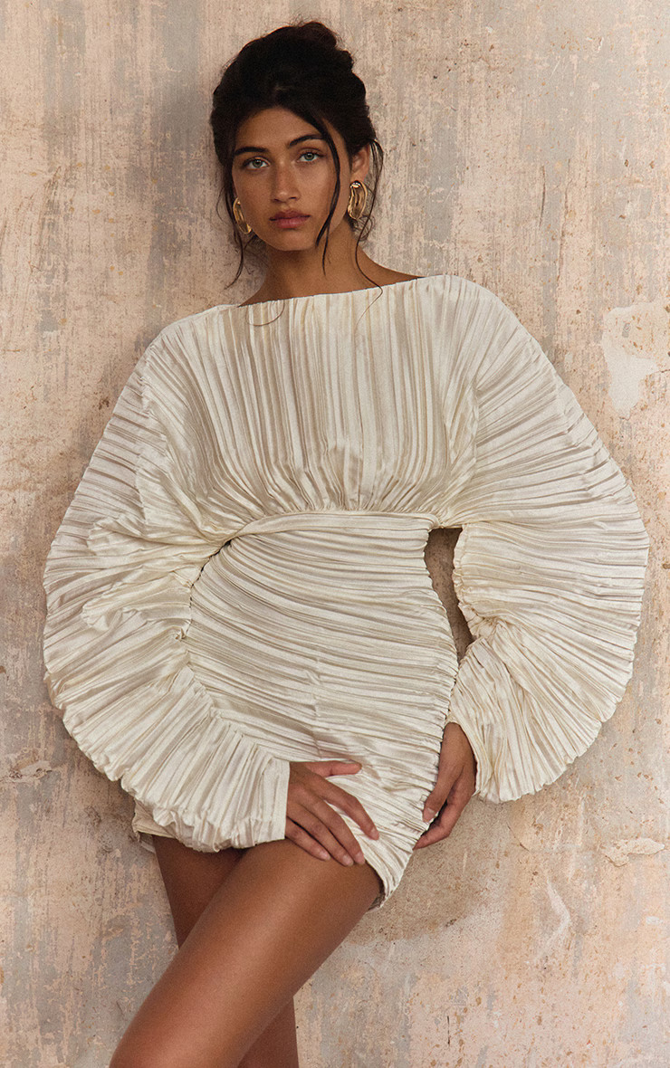 PLT Label Ivory Plisse Satin Batwing Long Sleeve Bodycon Dress | PrettyLittleThing UK