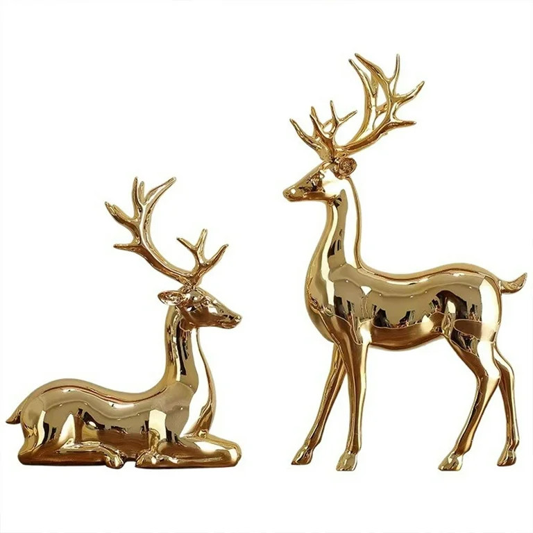 Lssam Golden Deer 2Pcs Elk Statue Reindeer Sculpture Brass Christmas Figurine Nordic Style Tablet... | Walmart (US)