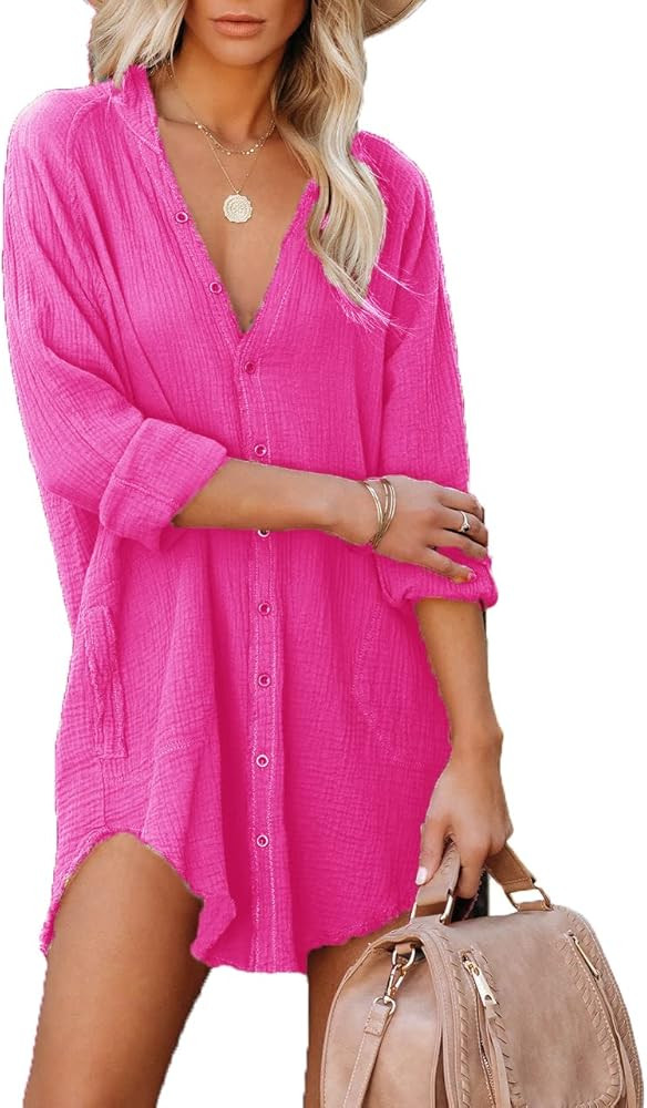 Floralmia Women's Button Up Tunics Cotton Button Down Shirt Dresses with Pockets Solid Color Over... | Amazon (US)