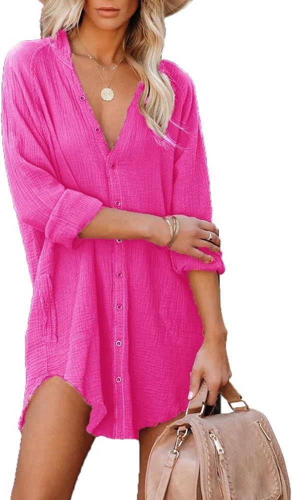 Floralmia Women's Button Up Tunics Cotton Button Down Shirt Dresses with Pockets Solid Color Over... | Amazon (US)