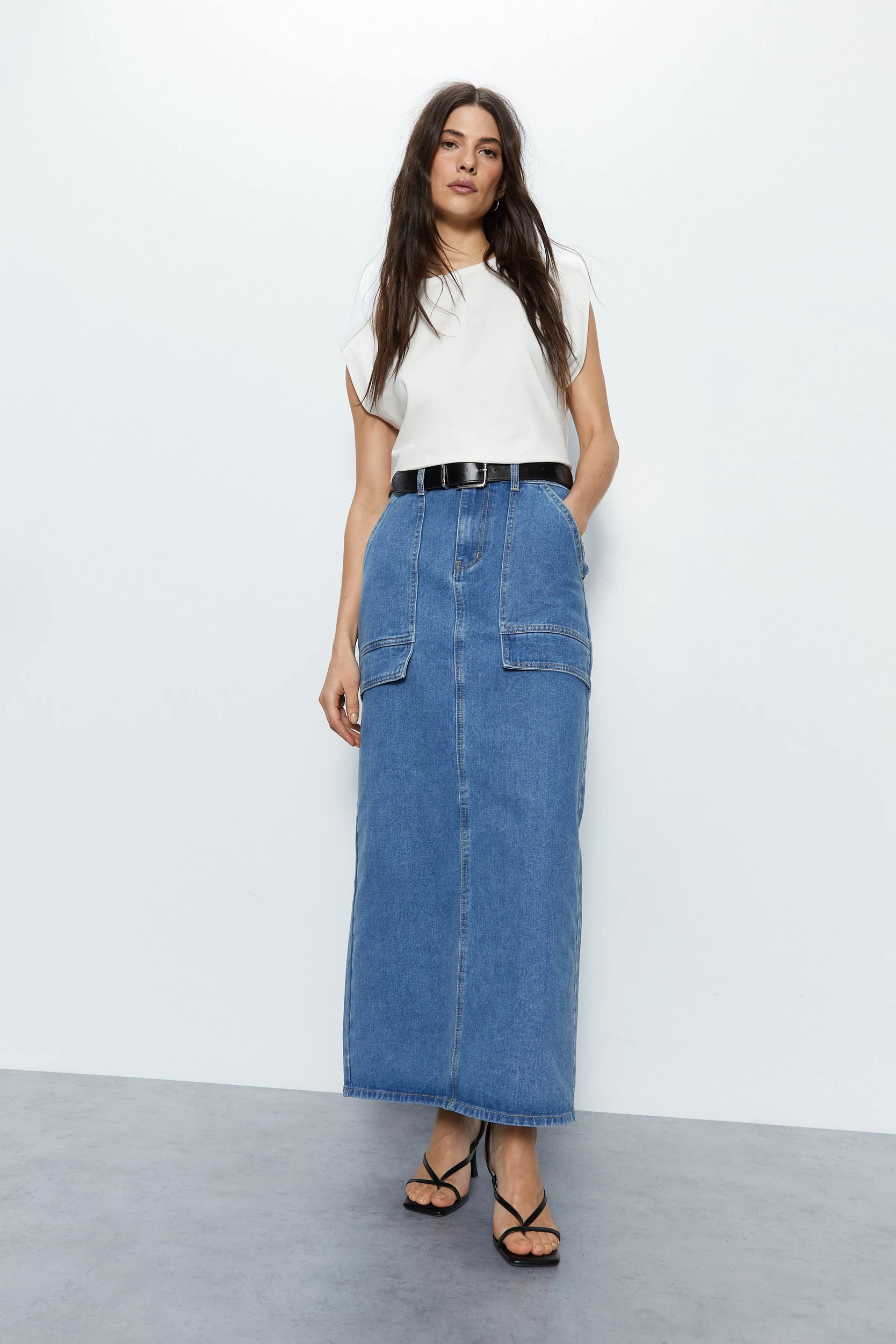 Denim Cargo Midi Skirt | Warehouse UK & IE