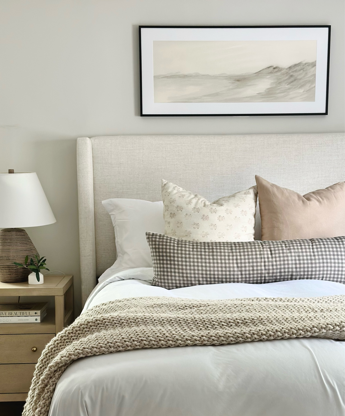 Neutral bedroom inspo, bedroom refresh, bedroom makeover, Art above a bed, Art above a queen bed, Wayfair upholstered headboard, lumbar pillow, natural wood nightstand 

#bedroomrefresh #bedroomdesign #wayfair #target #nightstands #homeinspo 


#LTKHome