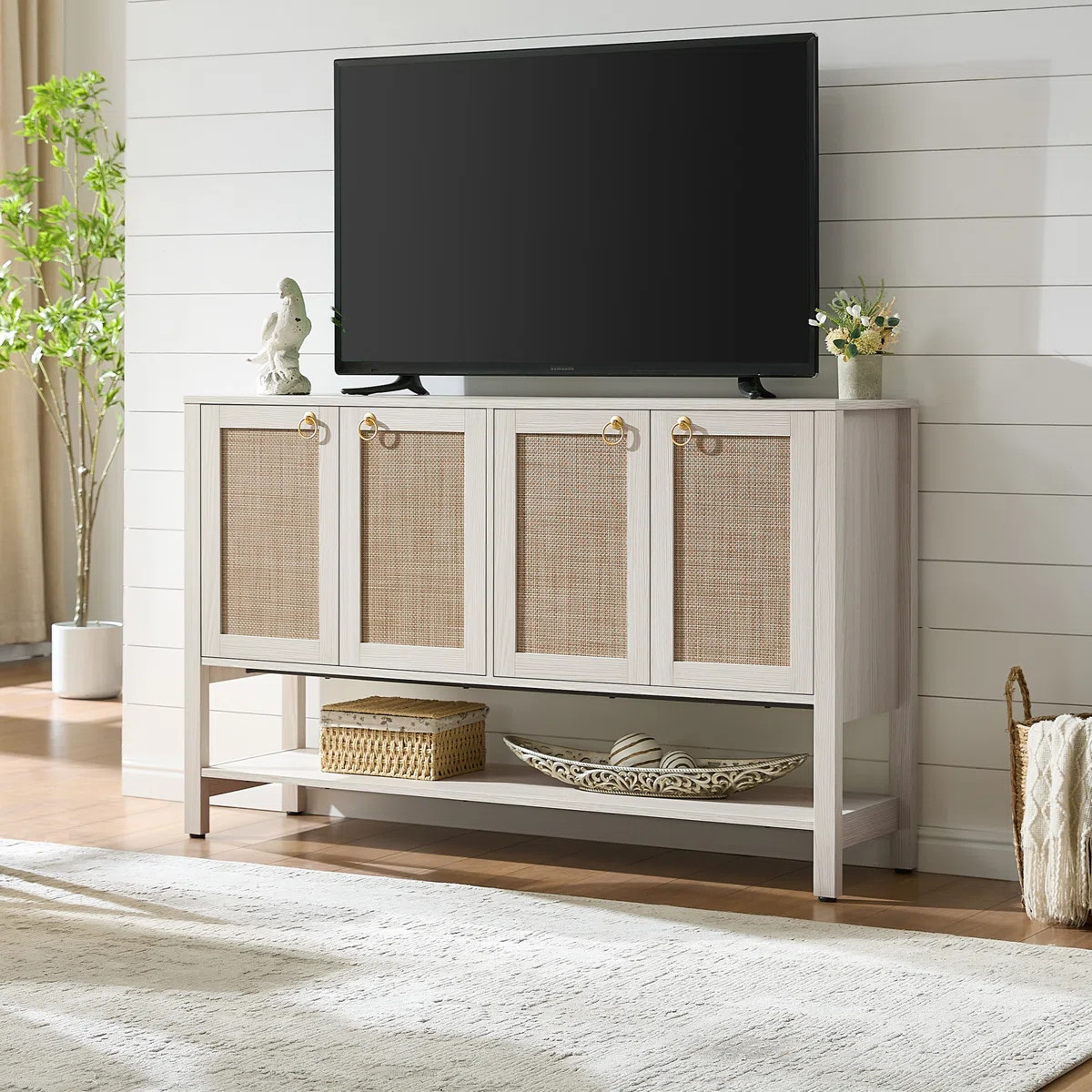 Rattan Sideboard Buffet Cabinet – 4-Door Storage with Adjustable Shelves, Boho Console for Kitc... | Wayfair North America