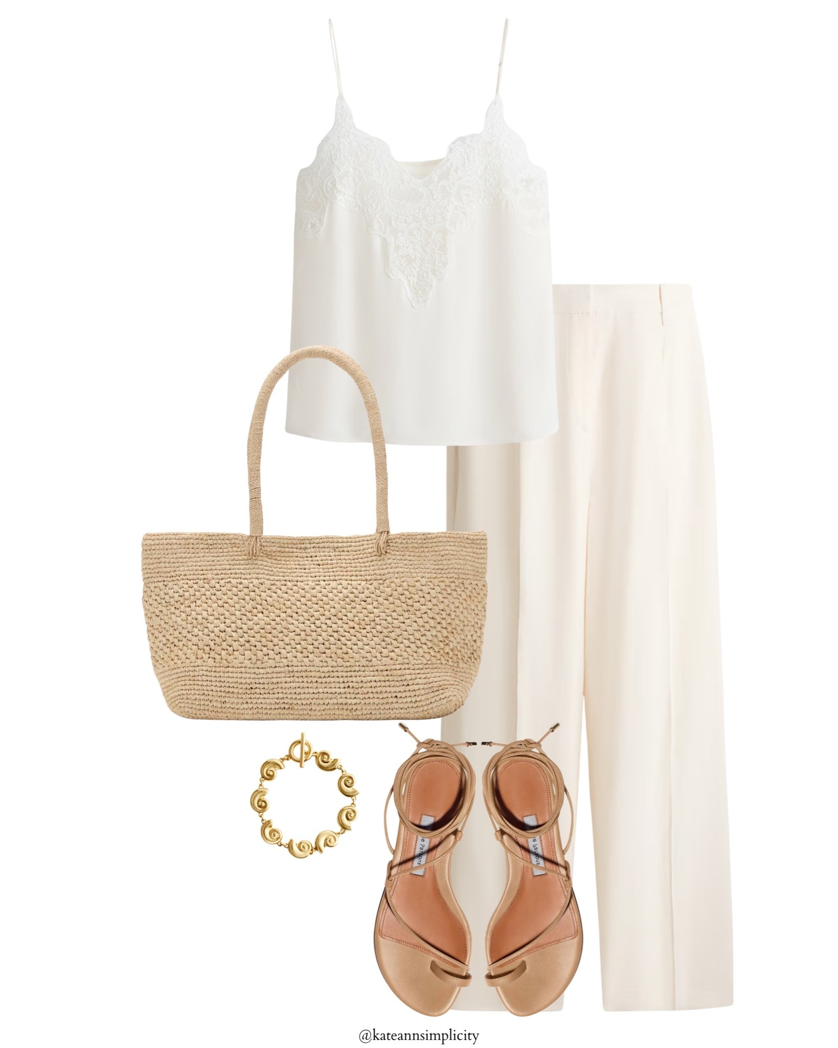 Summer outfit
Lace top
Light trousers
Strappy sandals
Straw bag 
Beach wear

#LTKgrwm #LTKootd #LTKOver40