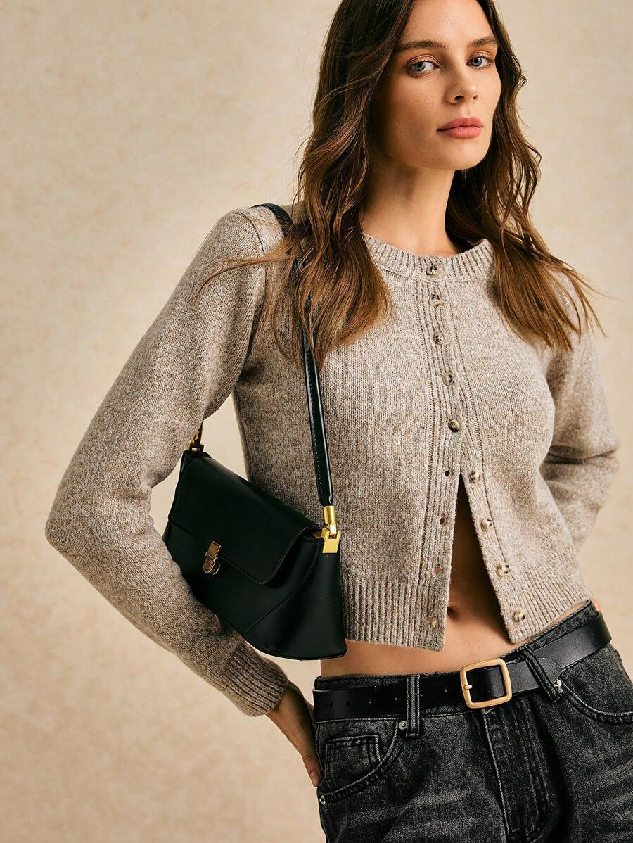 Poéselle Autumn And Winter Women's Khaki Round Neck Long Sleeve Single-Breasted Casual Short Woo... | SHEIN