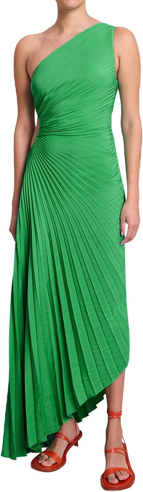 Women One Shoulder Sleeveless Cut Out Dress Sexy Maxi Smocked High Waist Flowy Pleated Bodycon Go... | Amazon (US)