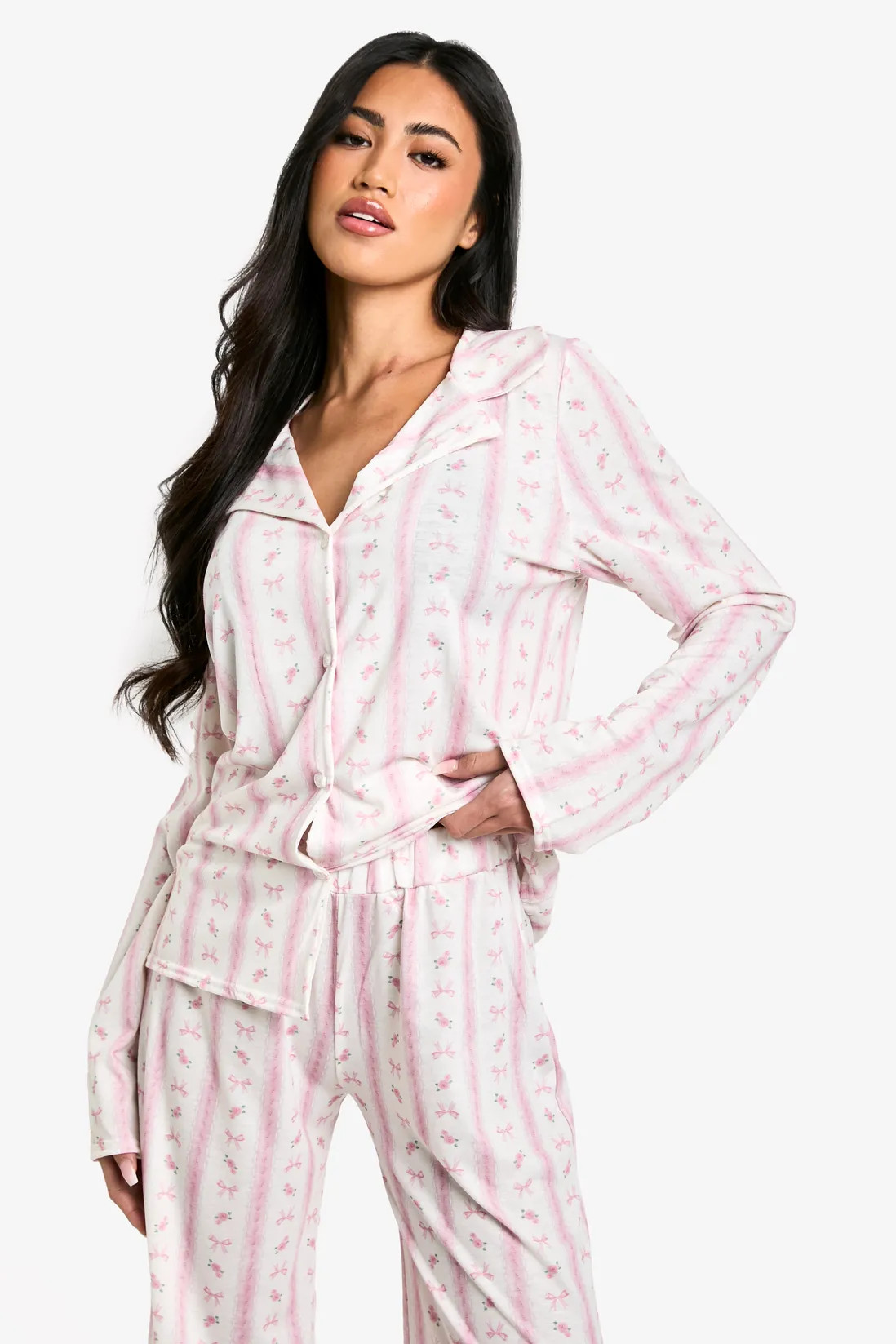 Bow Print Long Sleeve Shirt & Trouser Pyjama Set | Boohoo.com (UK & IE)