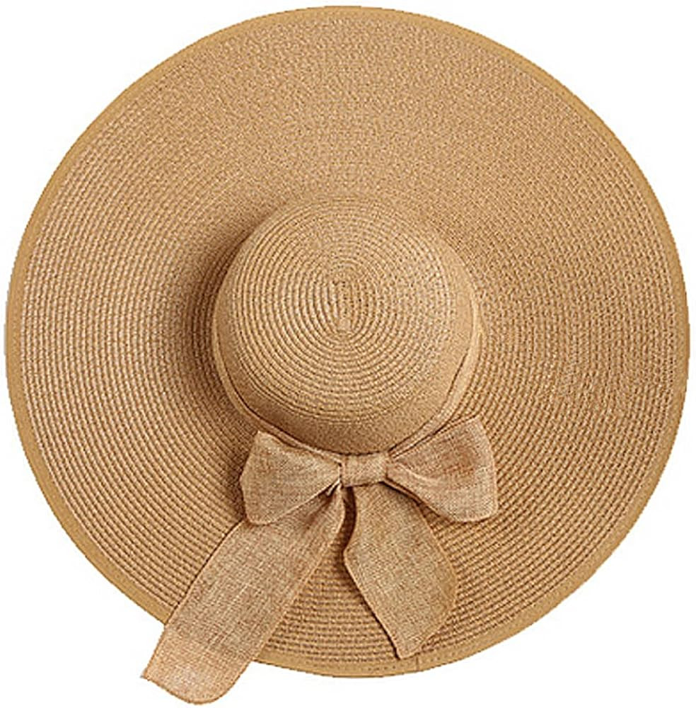 ericotry Women Straw Beach Sun Hat Wide Brim Foldable Floppy Beach Cap with Bow (Khaki) | Amazon (US)