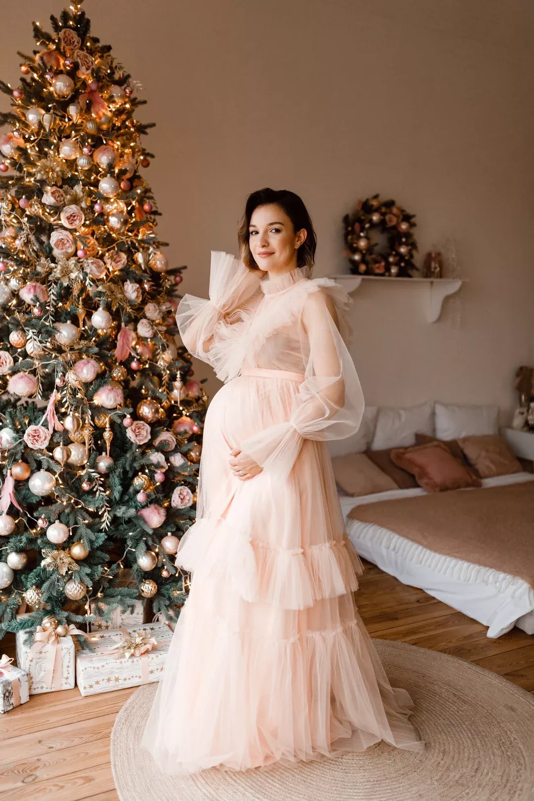 Floral Tulle Maternity Dress for Photoshoot, Boho Maternity Gown