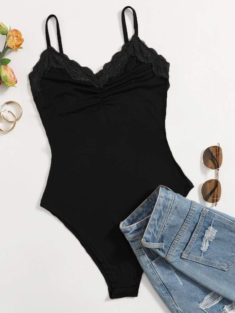 Contrast Lace Ruched Cami Bodysuit | SHEIN