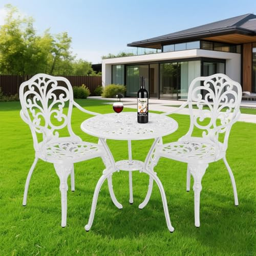 PATIO-IN 3 Piece Bistro Table Set,Outdoor Cast Aluminum Bistro Patio Table and Chair Set with 1.97" Umbrella Hole,All Weather Outdoor Dining Set for Garde,Porch,Balcony(White) | Amazon (US)