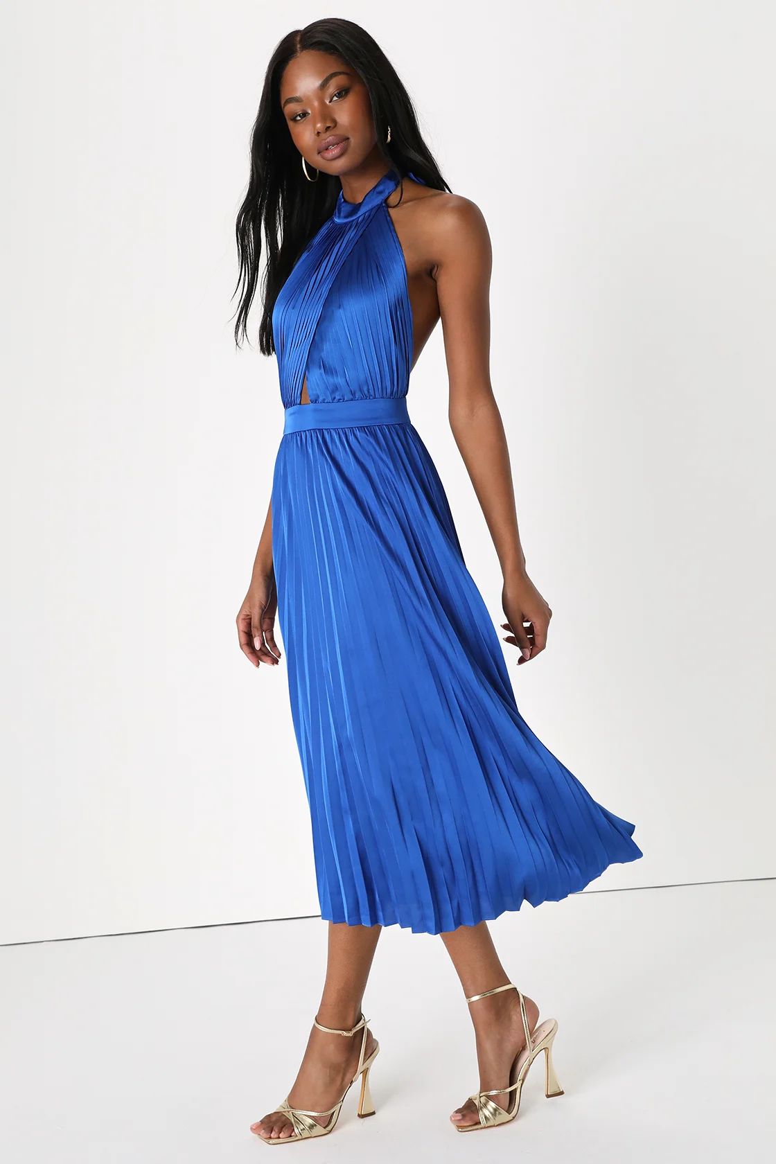 Totally Charming Royal Blue Satin Pleated Halter Midi Dress | Lulus