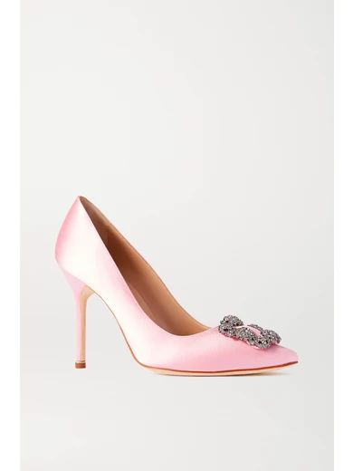 Manolo Blahnik - Hangisi Embellished Satin Pumps - Baby pink | NET-A-PORTER (US)