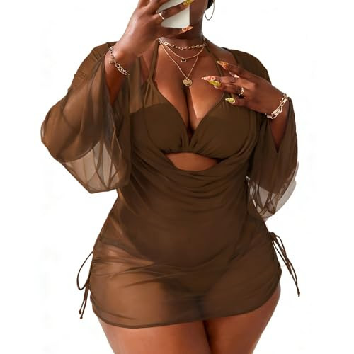 YELAIVP Womens Plus Size Swimsuit Brown Halter Triangle Bikini Sets for Women Plus Size 3 Piece Swim Suit | Amazon (US)