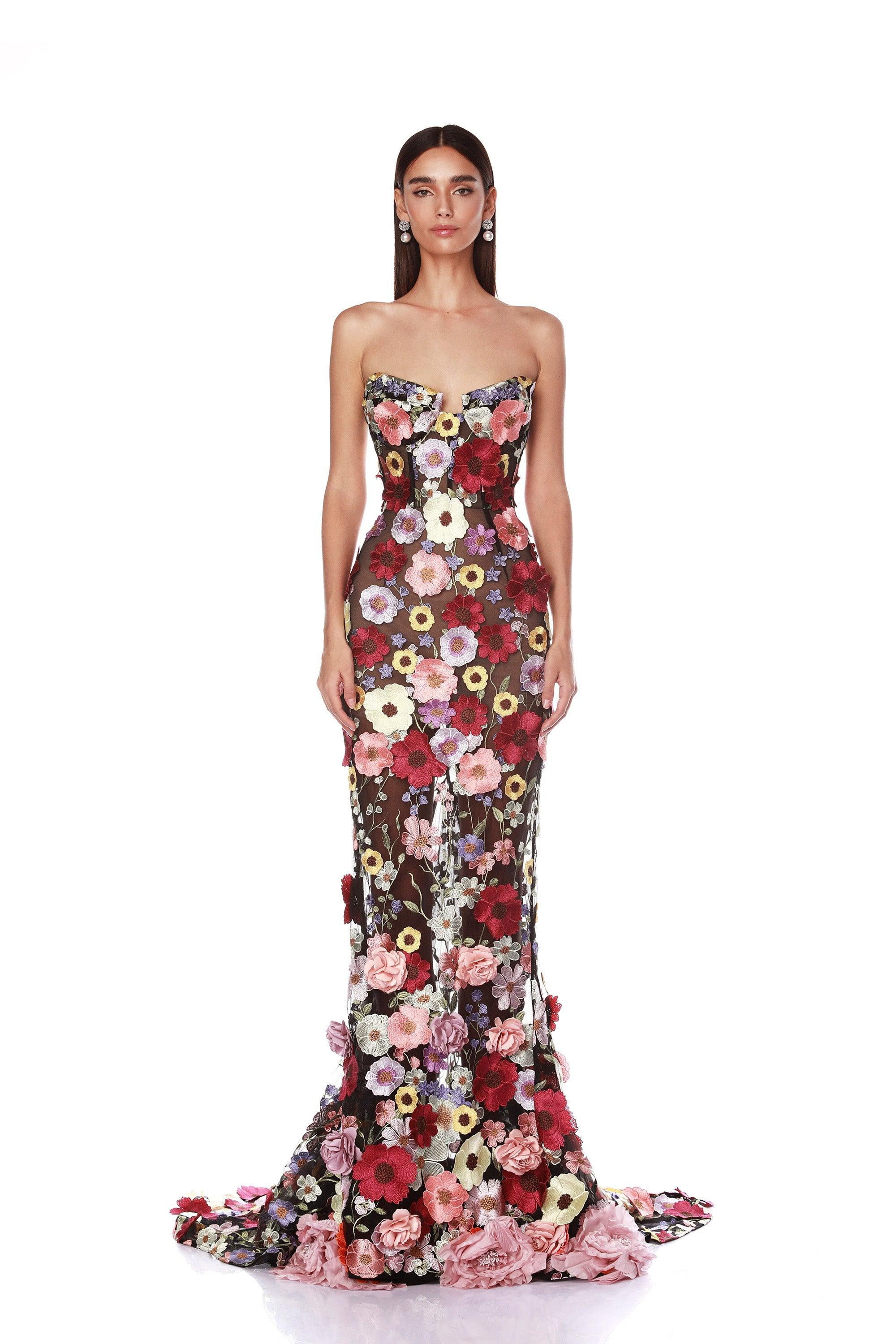 Jasmine Multi Floral Strapless Gown | Bronx and Banco