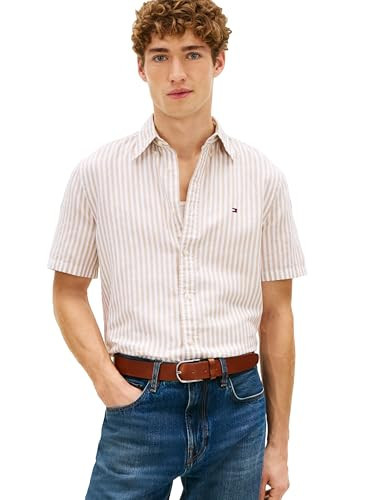 Tommy Hilfiger Men's Linen Blend Stripe Regular Short Sleeve Shirts,Sandalwood/Stripe Large | Amazon (US)