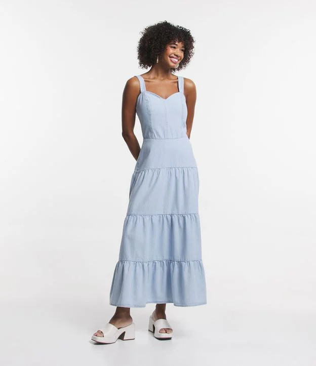 Vestido de Alça em Sarja com Lastex e Recortes Franzidos Azul | Renner (BR)