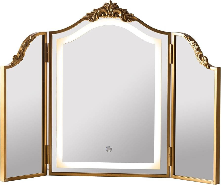 HSDDHOME Antique Gold Triple Fold Makeup Mirror with Tri-Color LED Lighting & Dimming, Baroque Ca... | Amazon (US)
