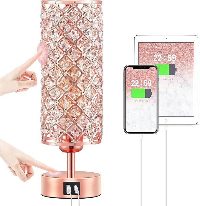 Hong-in Crystal Table Lamp, Rose Gold Lamp with USB C+A Ports, 3 Way Dimmable Touch Lamp with Cry... | Amazon (CA)