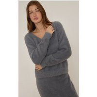 Grey Fluffy V Neck Knitted Oversized Jumper | PrettyLittleThing UK