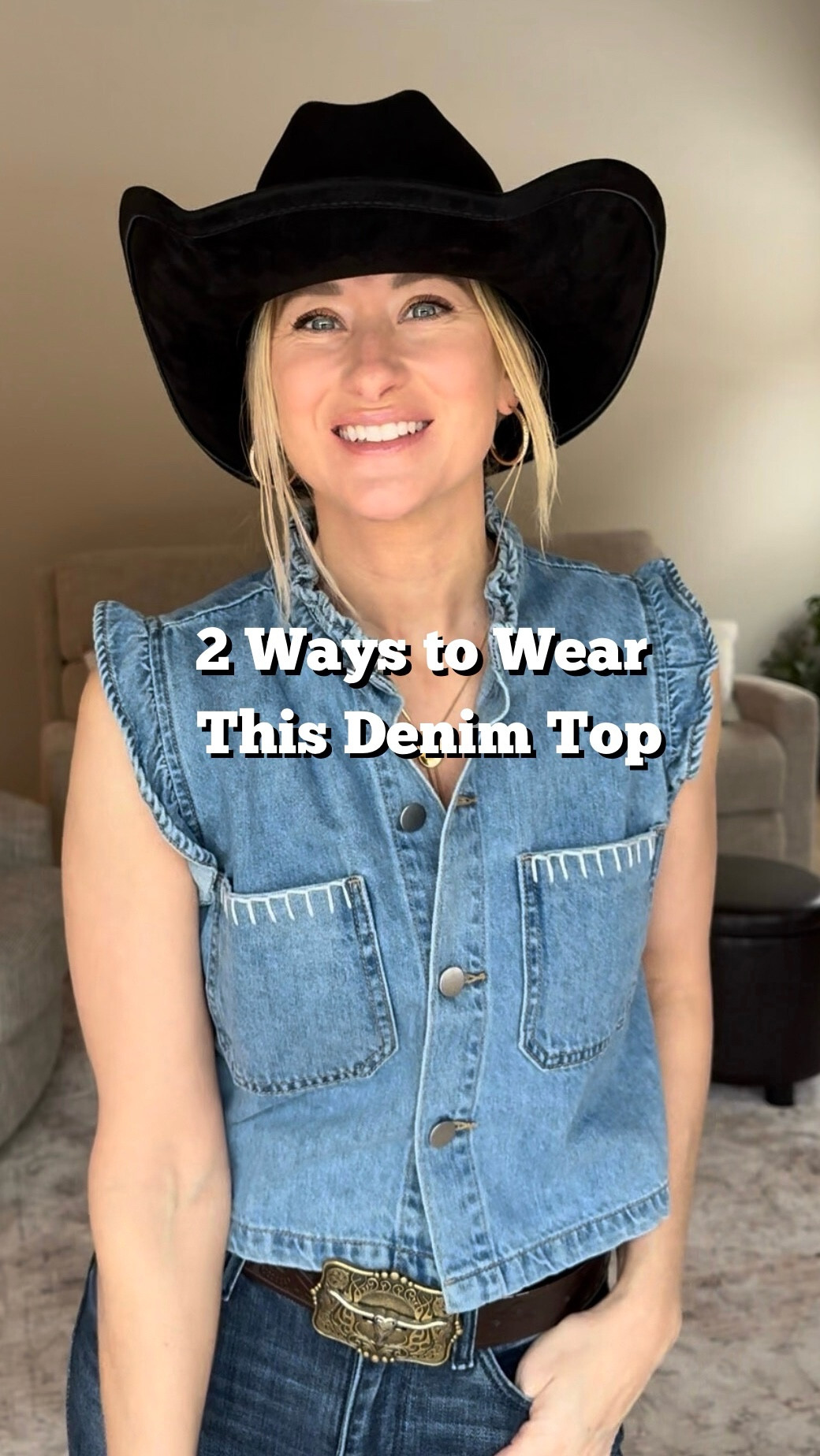 Forever a denim-on-denim girlie 🤍
But make it feminine with this ruffle detail… obsessed.

Wearing it solo or layered all spring + summer rodeo season 🤠✨

#LTKootd #LTKFestival #LTKSeasonal