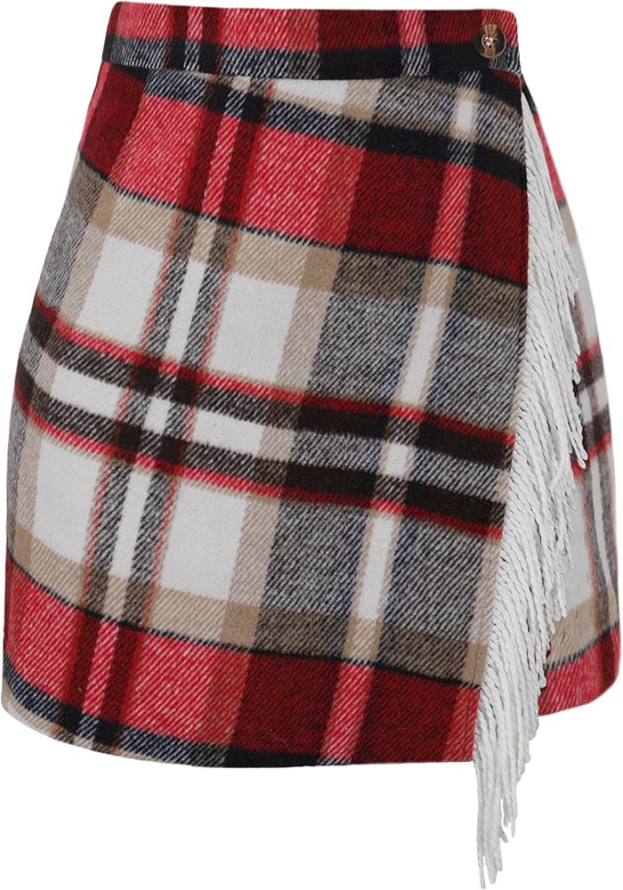 Tanming Plaid Skirts for Women High Waist Bodycon Pencil Fringe Mini Skirts Fall Winter Wool Wrap... | Amazon (US)