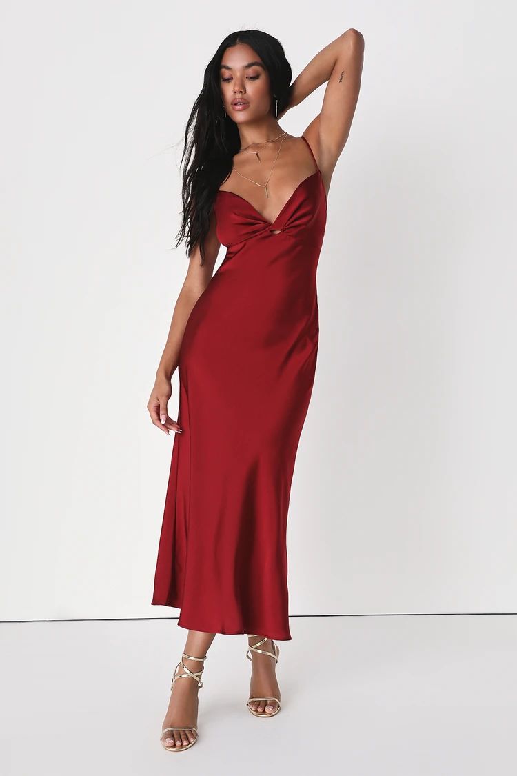 Romantic Flirt Wine Red Satin Twist-Front Midi Dress | Lulus (US)