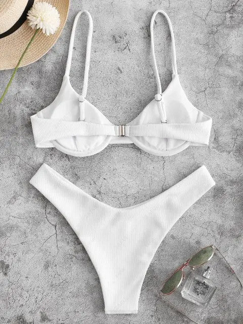 ZAFUL Ribbed Underwire High Leg Bikini Swimsuit - White L | ZAFUL (Global)