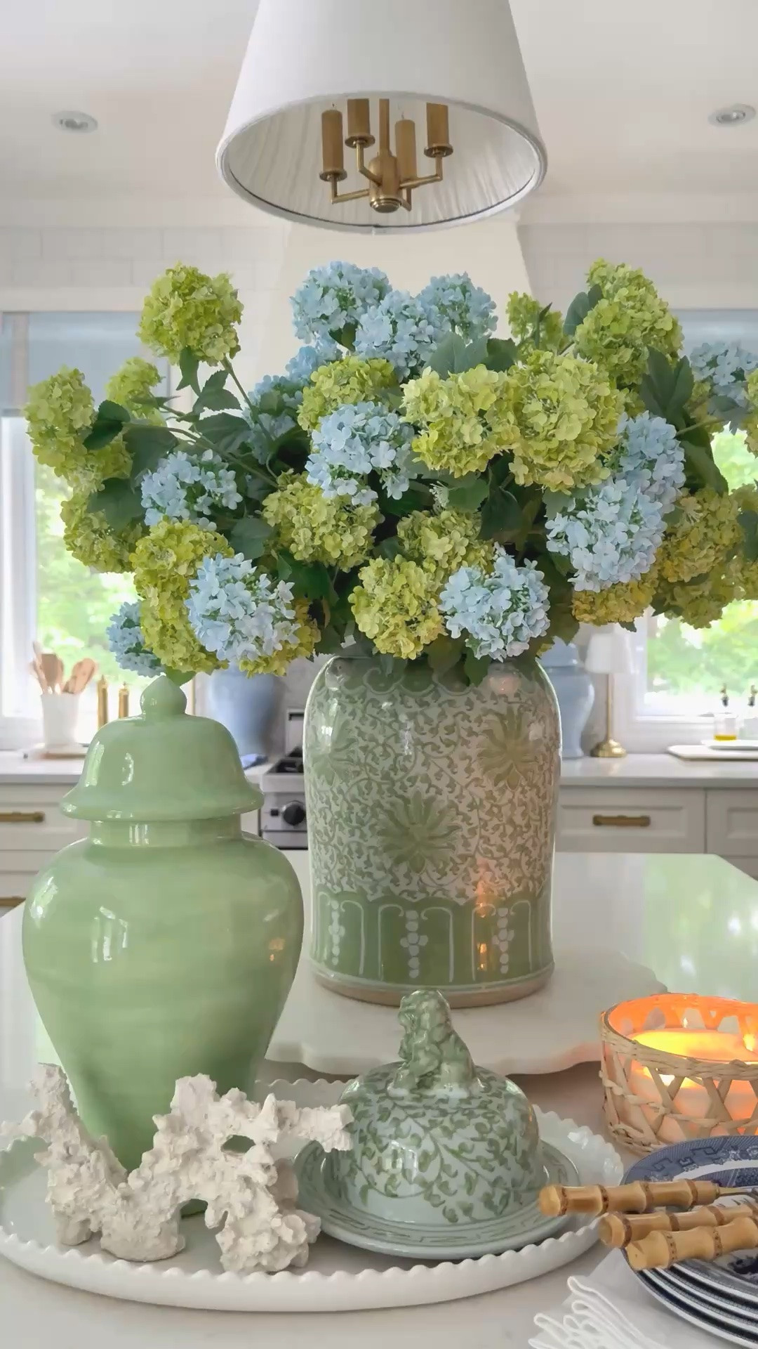 Summer kitchen home decor and styling - I added some blue snowball hydrangeas to this greenhouse ages arrangement and love it! 💙💚🩵

#LTKstyletip #LTKhome #LTKsummer