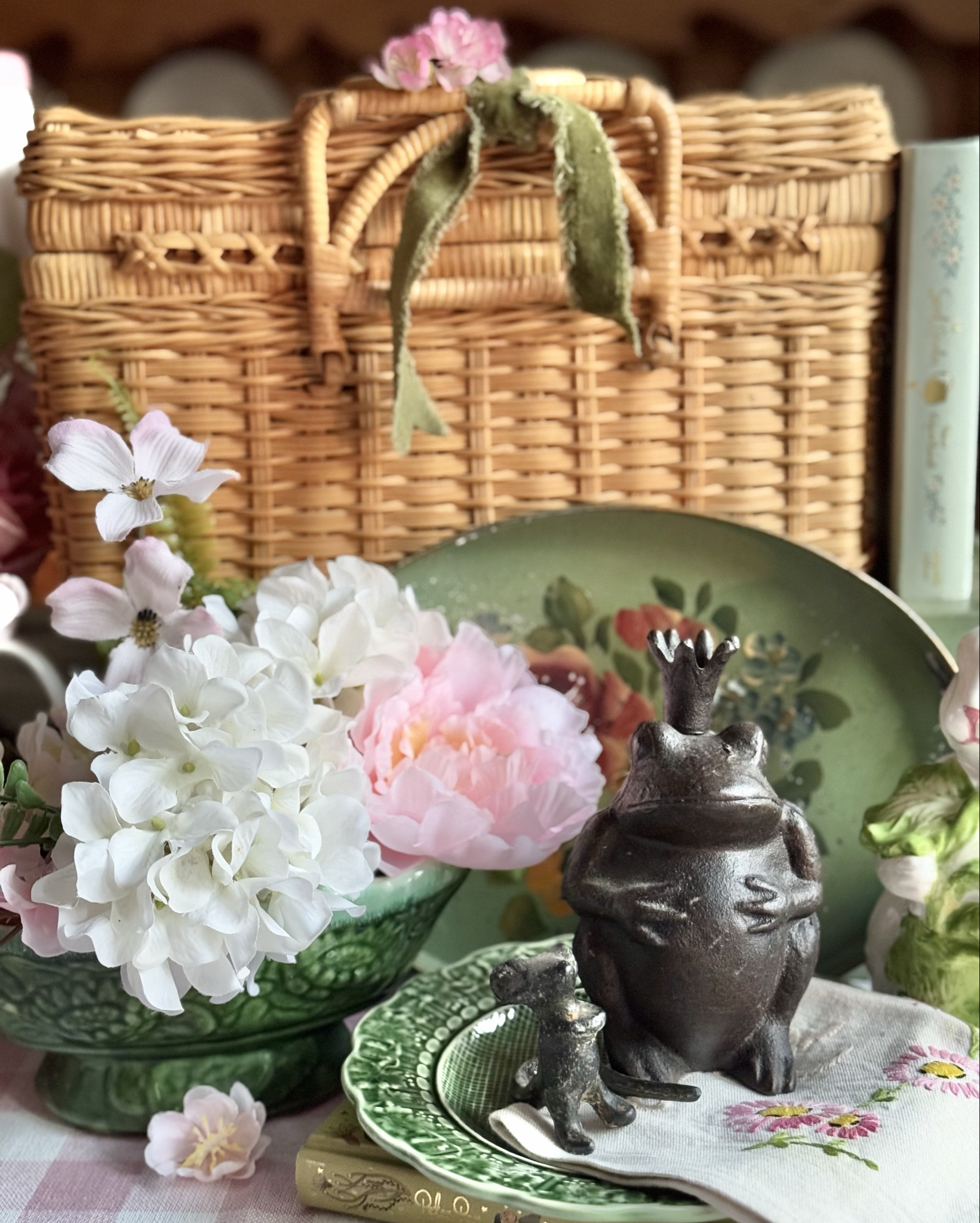 Spring greens & vintage dreams! 💚✨ Bringing a little storybook charm into my home with collected treasures—majolica, a woven picnic basket, and a few whimsical touches. Love this look? I’ve linked similar vintage-inspired finds so you can create your own cottage-chic vignette! Tap the link in bio to shop. 🛍️🌿 #LTKhome #VintageStyle #CottageDecor

#LTKHome