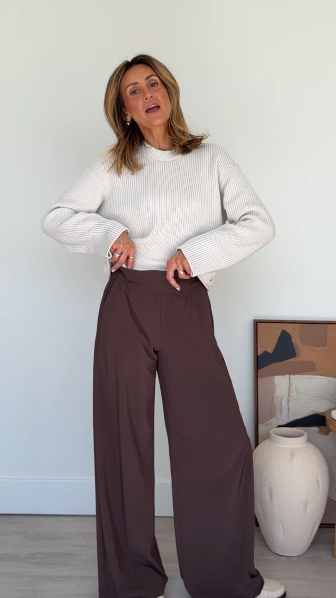 The most comfy pants that look chic and put together you’ll  ever meet 🤎 sir xs on all pieces. This style hits the waist and gives that cinched chic look we adore. Styling it with loafers and a crop knit! 20% off right now for new customers! @Vuori US #vuoripartner 

#LTKOver40 #LTKgrwm #LTKootd