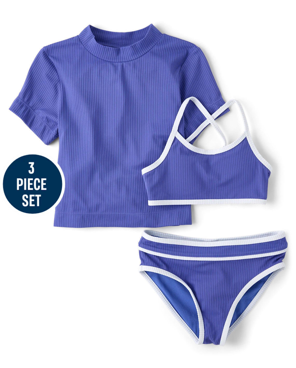 Tween Girls Contrast Ribbed 3-Piece Swimsuit - blue | The Children's Place