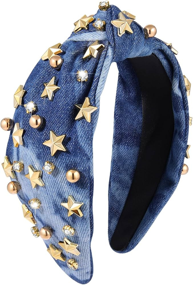 Star Knotted Headband Rhinestone Gold Star Studded Headband Headpiece Fashion Chic Demin Wide Twi... | Amazon (US)