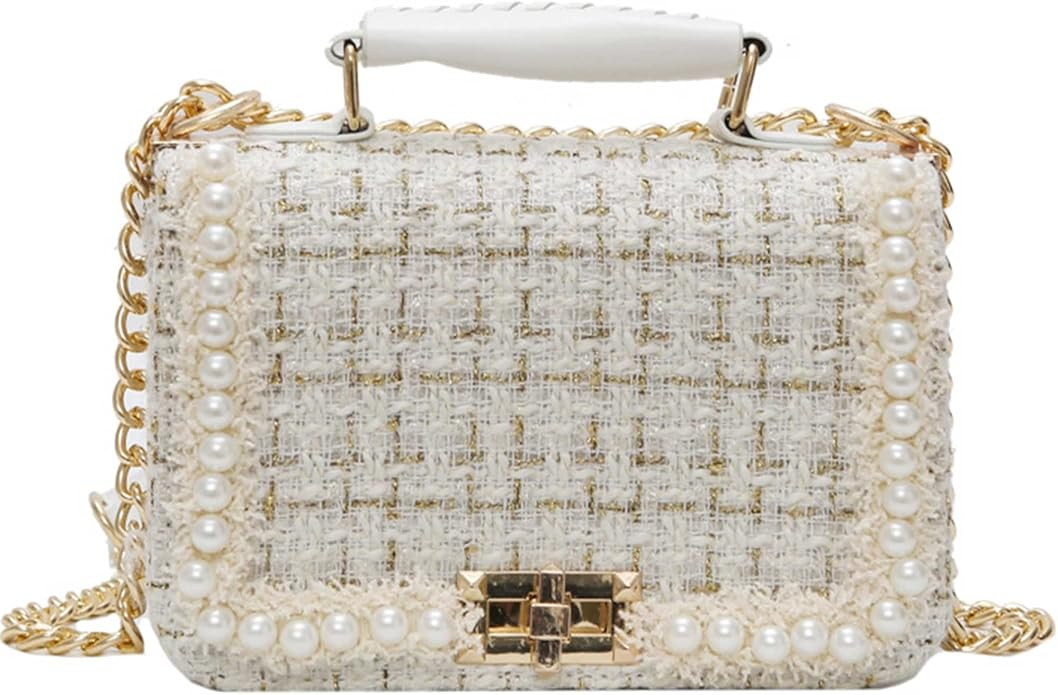 Women's Tweed Pearl Purses and Handbags Ladies Fashion Top Handle Chain Satchel Shoulder Bag Unde... | Amazon (US)