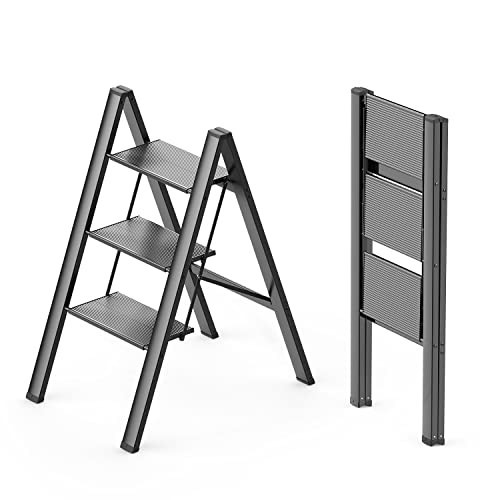 WOA WOA 3 Step Ladder, Foldable Step Stool, Aluminum Lightweight Ladder for Home Kitchen Closet, Anti-Slip Pedals, Ease of Folding, Portable, 300lbs Capacity - Black | Amazon (US)