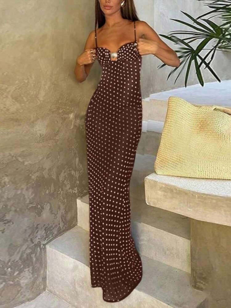 Brown polkadot maxi dress | SHEIN
