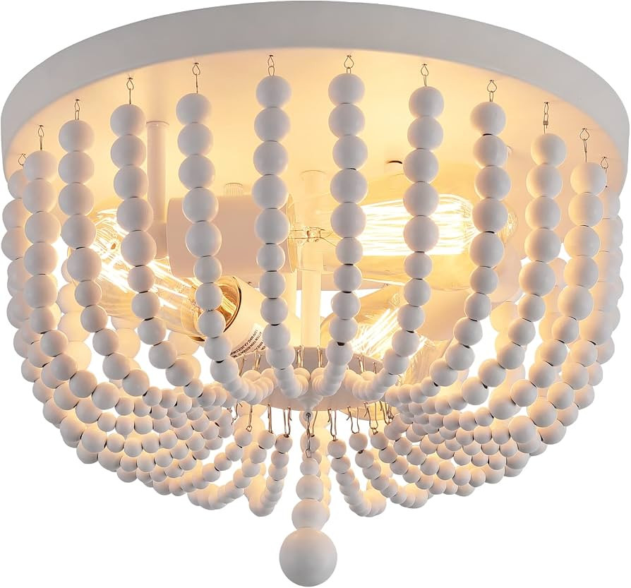 Q&S White Boho Beaded Chandeliers Flush Mount Ceiling Light,3-Lights Small Chandelier Light Fixtu... | Amazon (US)